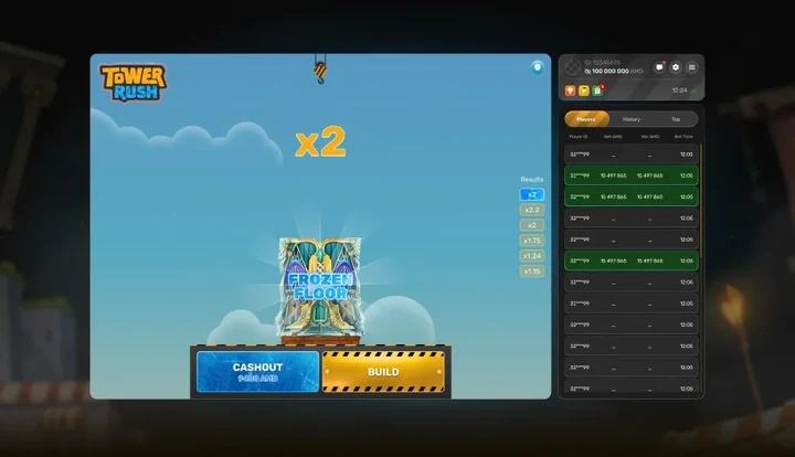 Tower Rush Frozen Floor bonus round on screen with the cashout and build controls below