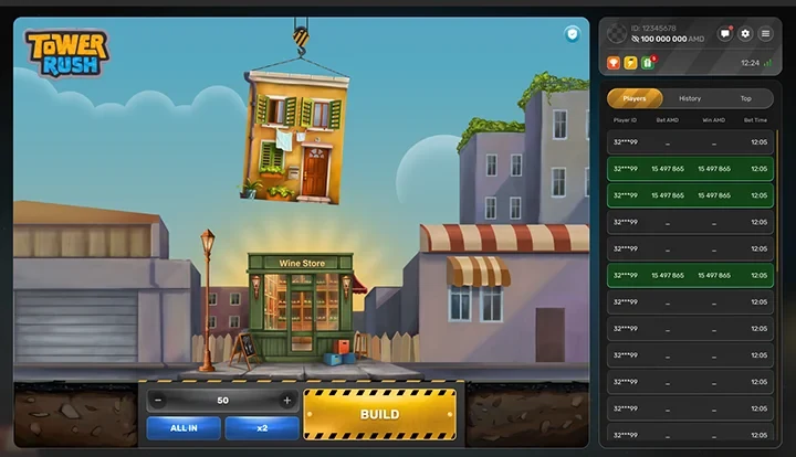 Tower Rush game screen: a floor being lifted into place next to the build and cashout controls